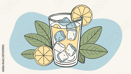 Vector Illustration of Refreshing Minimalistic Lemonade with Pastel Color Blobs and Ice Cubes on White Backdrop