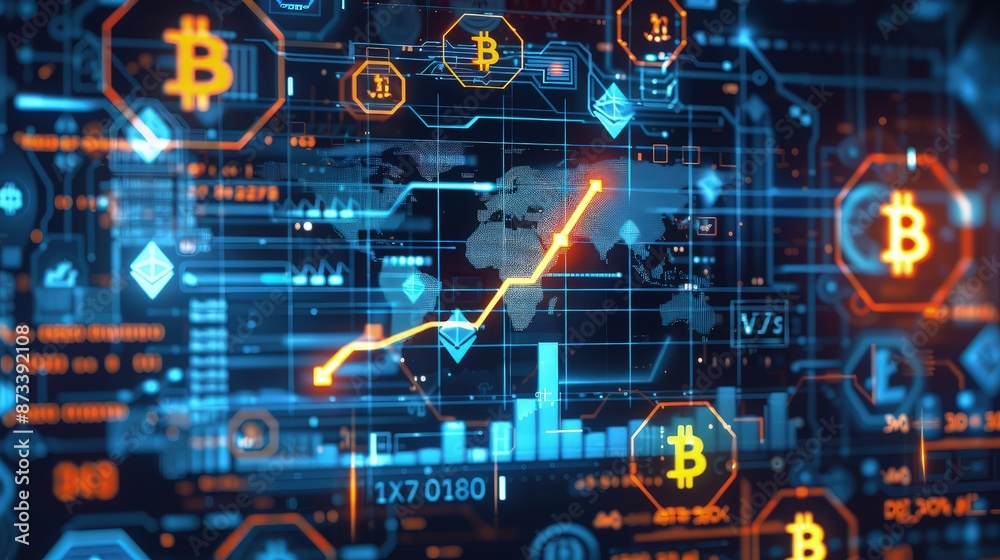 A detailed digital display showing a rising graph of digital currency trends, surrounded by symbols of various cryptocurrencies on a futuristic interface. A detailed digital display showing a rising graph of digital currency trends, surrounded by symbols of various cryptocurrencies on a futuristic interface.