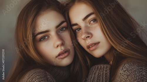 Intimate close-up portrait of twin sisters with long hair and soft expressions, wearing cozy sweaters. Their natural beauty and serene faces create a warm, harmonious atmosphere