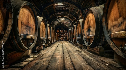 Wine barrels in an old winery, wooden barrels with brandy and wine inside them, rows of oak beer barrels. photo