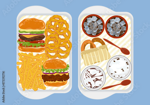 Fast food set with fast food restaurant menu Set of hamburgers, onion rings and french fries, soft drinks, ice cream, snacks on a tray. Isolated objects as background for poster design. Food menus and