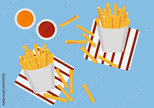 Fast food set with fast food restaurant menu Set of french fries dipped in many flavorful sauces Deep fried bread Isolated objects as background for poster design. Food menus and advertisements.