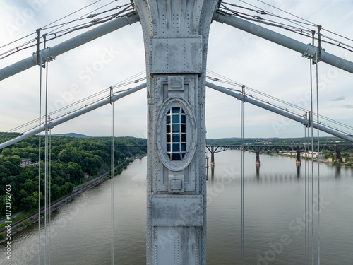 Close-up aerial photo of the Franklin Delano Roosevelt Mid-Hudson Bridge over the Hudson River, Poughkeepsie NY.  	 photo