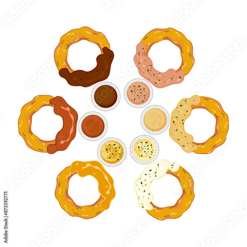 Fast food set with fast food restaurant menu Set of fried onions dipped in various flavored sauces Deep fried bread Isolated objects as background for poster design. Food menus and advertisements.