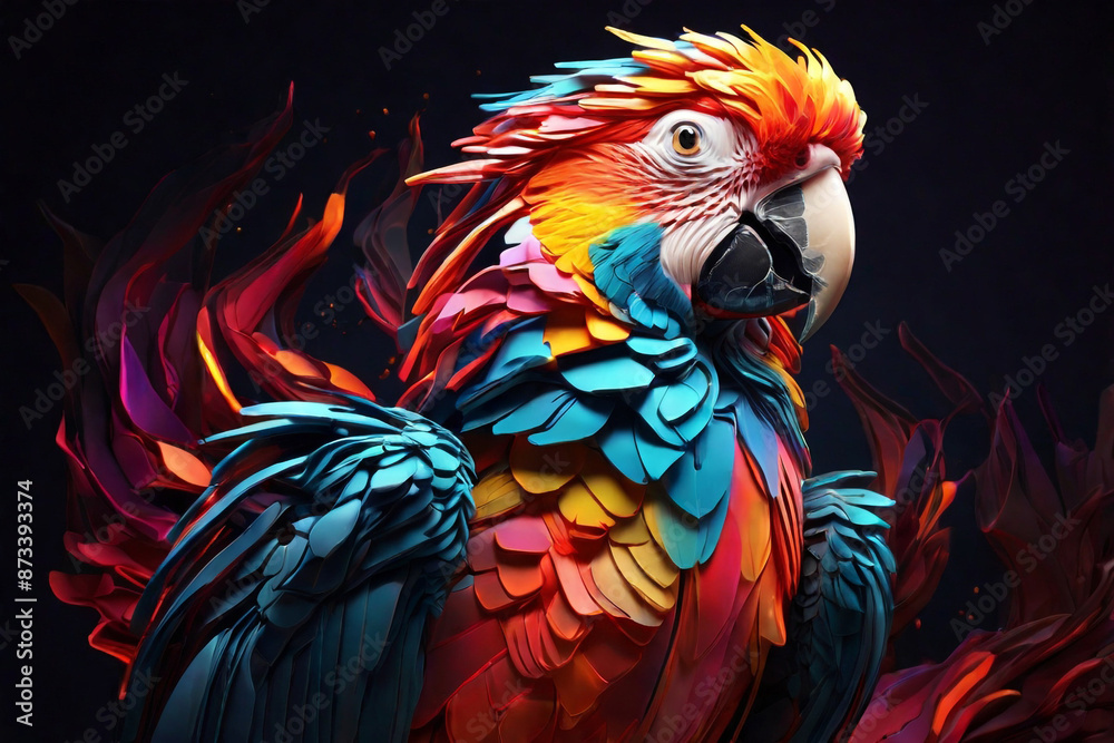 Obraz premium 3D neon waves forming the shape of a Macaw, rising from the ashes in a burst of light, multicolor
