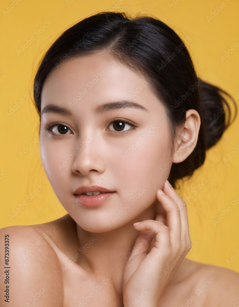 Beautiful young Asian woman with healthy facial skin isolated on yellow background Beautiful young Asian woman with healthy facial skin isolated on yellow background