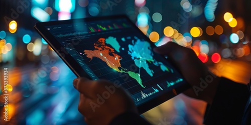 Person Using Tablet With Digital World Map Displayed Against City Lights at N...