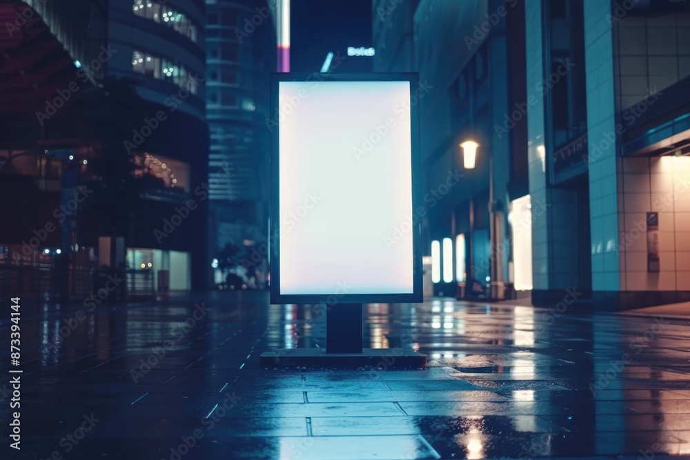 A large white billboard is lit up in the dark. The billboard is empty and the city is lit up with lights A large white billboard is lit up in the dark. The billboard is empty and the city is lit up with lights