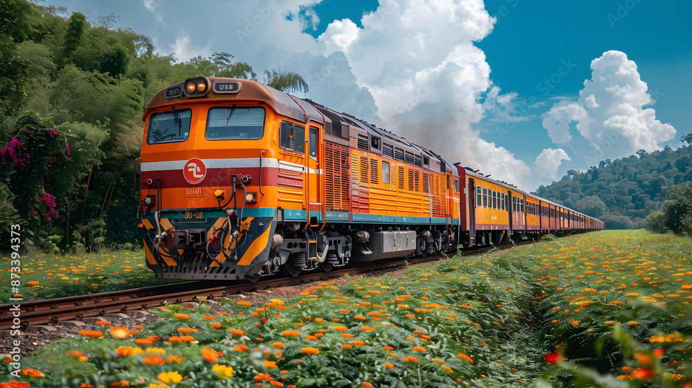 Naklejka premium Economic Pulse: Freight Train Rolling Through the Sunset