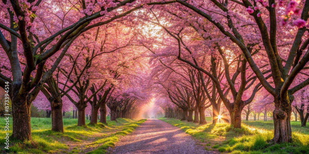 Fototapeta premium Sunlight Through Pink Blossom Tree Tunnel