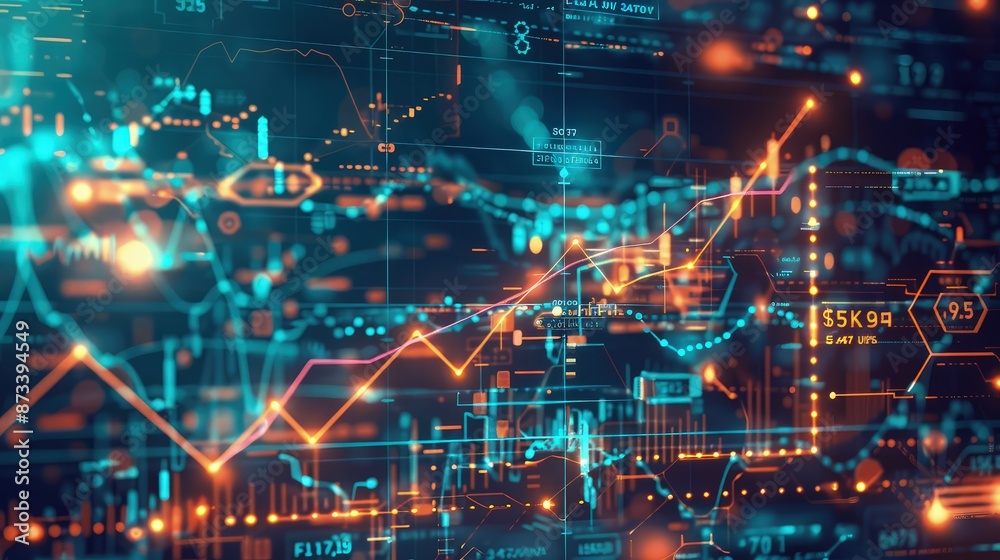 A digital financial dashboard with a graph line moving upward through various technological elements, depicting an optimistic market forecast. A digital financial dashboard with a graph line moving upward through various technological elements, depicting an optimistic market forecast.