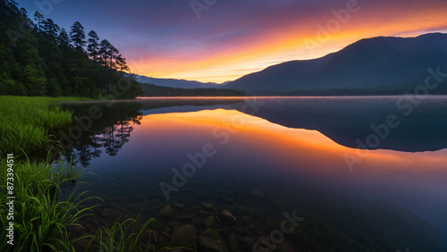 Lake near the mountains at sunset