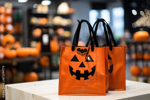 Wallpaper Mural Paper black shopping gift bag with flying bat and orange pumpkins on an orange background Torontodigital.ca