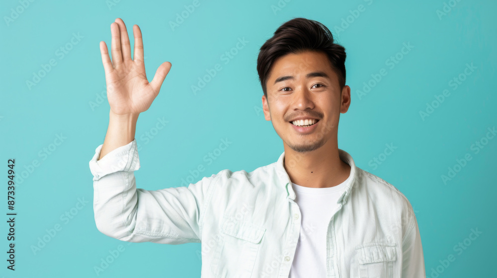 East asian handsome man smiling Waving with one hand raised isolated on a background East asian handsome man smiling Waving with one hand raised isolated on a background