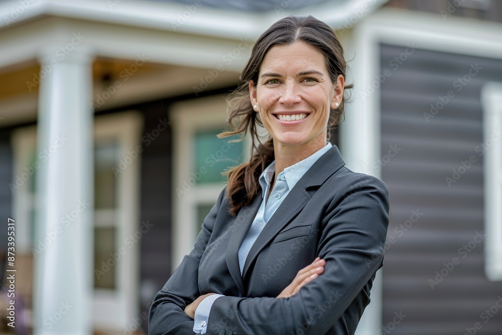 Confident woman real estate agent in suit stands behind a house for sale Confident woman real estate agent in suit stands behind a house for sale