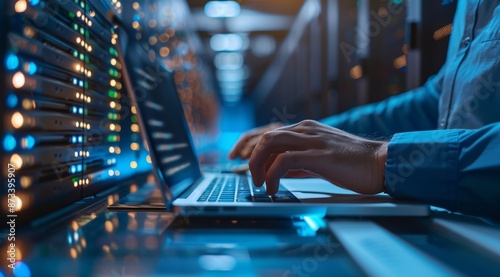 Close up of a person using a laptop in a data center with blue LED lights photo