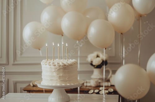 Birthday Cake With Candles and Balloons in a White Room