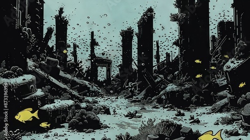  A monochromatic photo of an urban landscape with considerable rubble and numerous yellow fish centered within the frame
