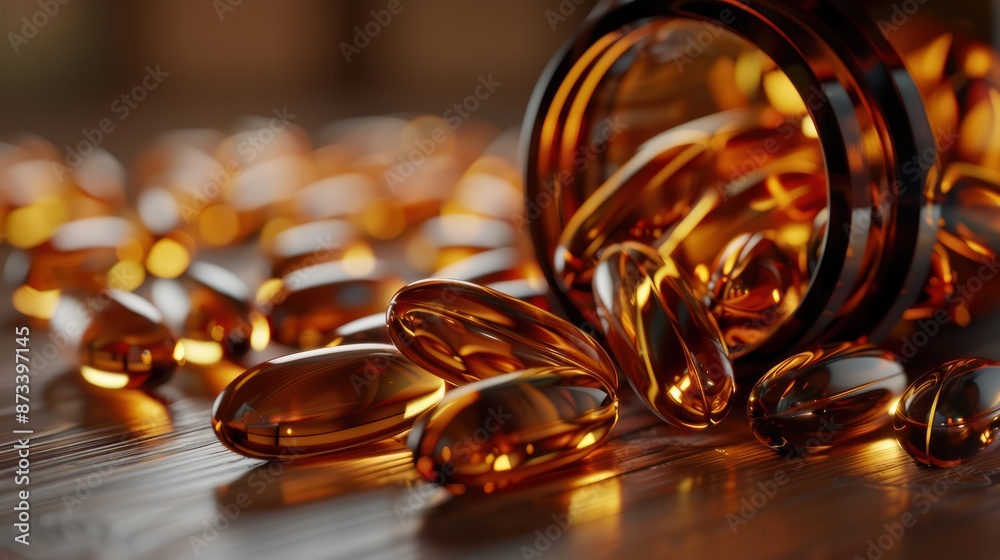 Fish oil softgel capsules containing omega-3 and vitamins spilling out of an amber glass bottle. The capsules are glossy and translucent, showcasing their golden color.