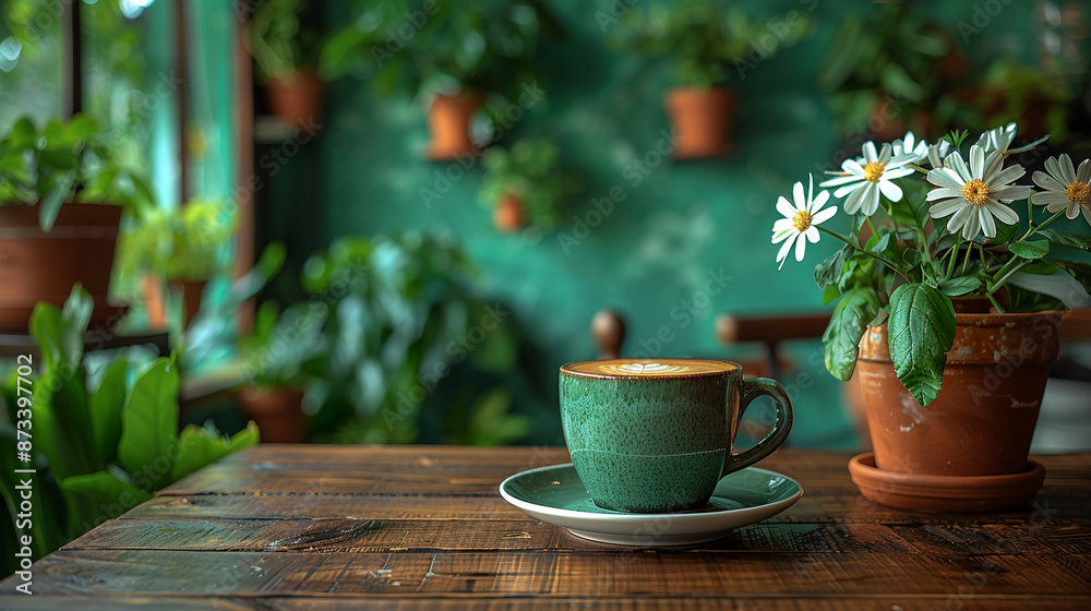 Green coffee cup with white rim sits on wooden table, partially obscured by potted plants and green wall. White daisies bloom in brown pot in foreground