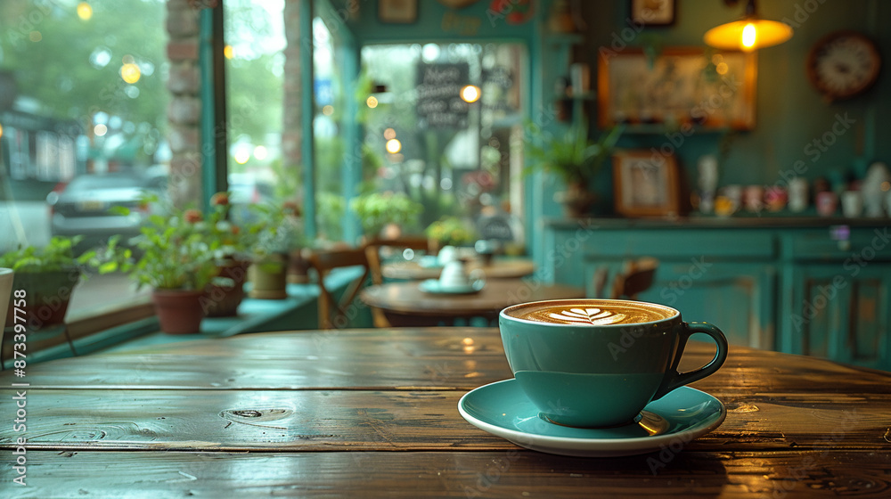 Cup of coffee on wooden table in cafe, with rainy day view out window. Green plants and teal wall add to ambiance