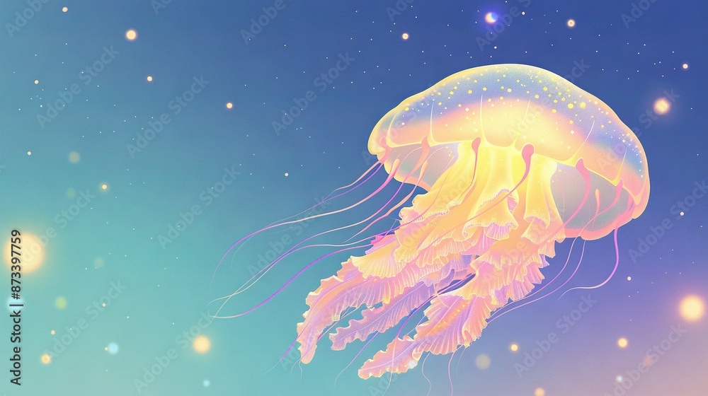   A jellyfish floating with bubbles on its back against a blue sky