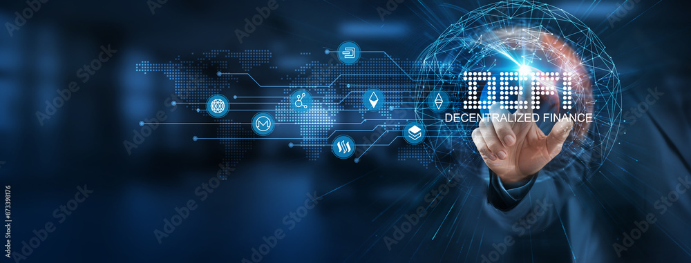 DeFi offers a smart solution to traditional financial systems. Businessman points at a virtual blockchain network connecting service with graphical icons in finance, banking, insurance, industry. DeFi offers a smart solution to traditional financial systems. Businessman points at a virtual blockchain network connecting service with graphical icons in finance, banking, insurance, industry.