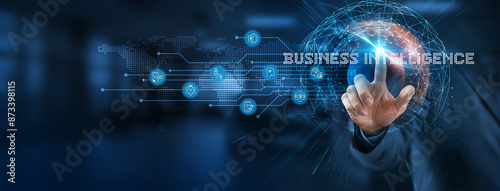 Business Intelligence (BI) smart solution to visualize data. Businessman points at virtual data network connecting service with graphical icons in business, technology, finance, industry.