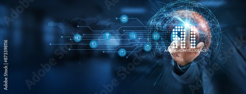 Artificial intelligence (AI) offers a smart solution to many challenges. Businessmen point at virtual AI networks connecting services with graphical icons in various sectors, revolutionizing industry.