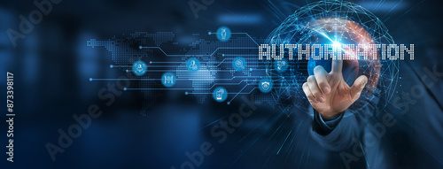 Authorization is a smart solution to manage access control. Businessman points at virtual authorization network connecting service with graphical icons in the background, compliance in the industry.