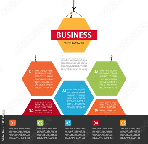 Tower crane builds building. Infographic Concept of building business. infographic of 5 steps. Crane and building color block . Vector Illustration.