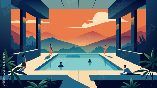 Serene Poolside Sunset View with Silhouetted Figures