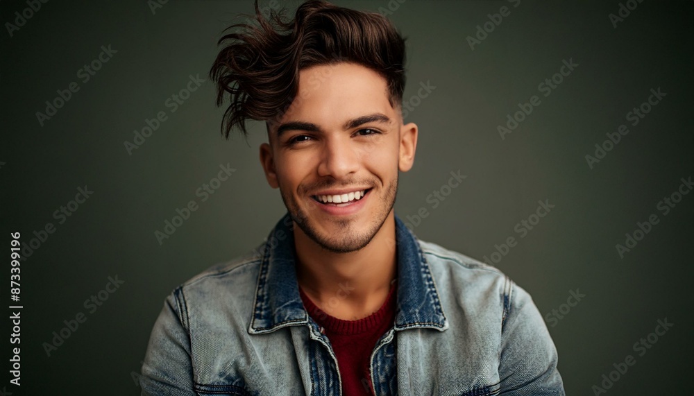 Close-up of a mixed-race man with a stylish haircut, wearing a denim jacket and laughing. Close-up of a mixed-race man with a stylish haircut, wearing a denim jacket and laughing.