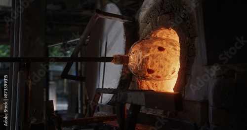 Photos Glass Vase Reheating in Furnace at Artisan Glassblowing Workshop