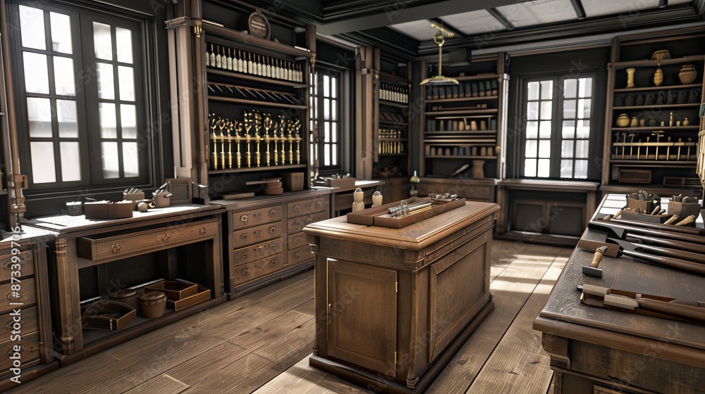 A well-lit, spacious workshop with wooden cabinets filled with various tools and supplies A well-lit, spacious workshop with wooden cabinets filled with various tools and supplies