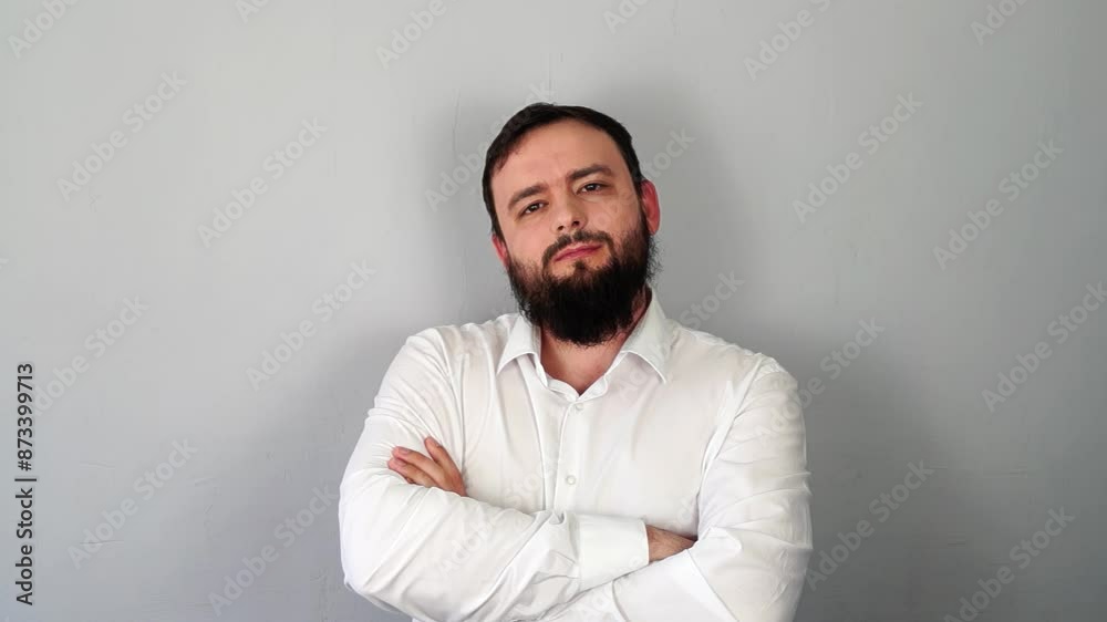 Confident Business Professional Man In White Office Shirt Crossing His Arms Closed Defensive Stance, Plain Background