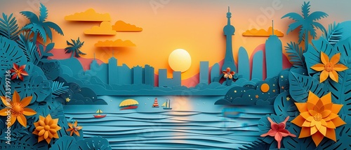 Festive Paper Cut Craft Style for National Celebrations and Summer Travel Essentials with Copy Space