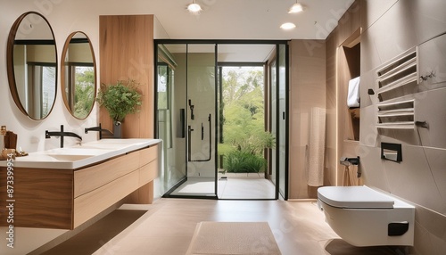 Contemporary bathroom with a walk-in shower, floating vanity, and neutral palette