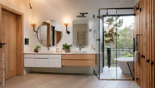 Contemporary bathroom with a walk-in shower, floating vanity, and neutral palette