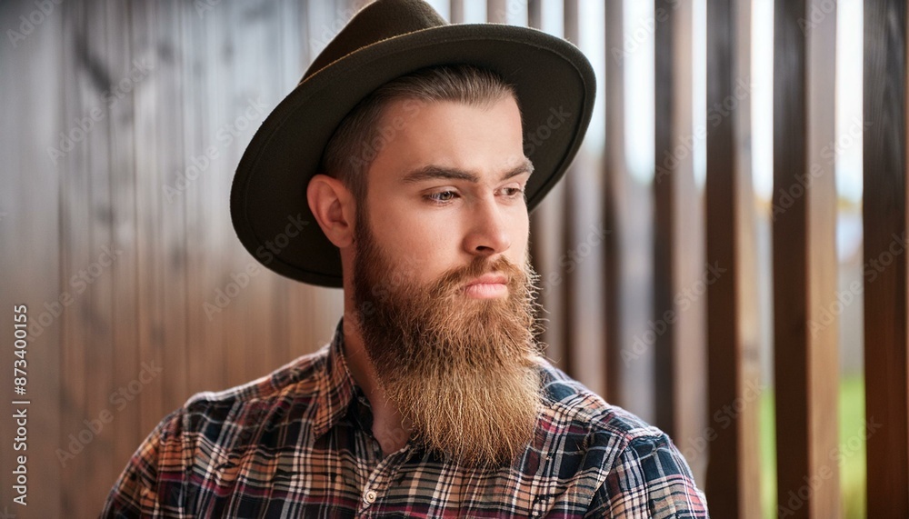 cool bearded guy with fedora and plaid shirt looking away