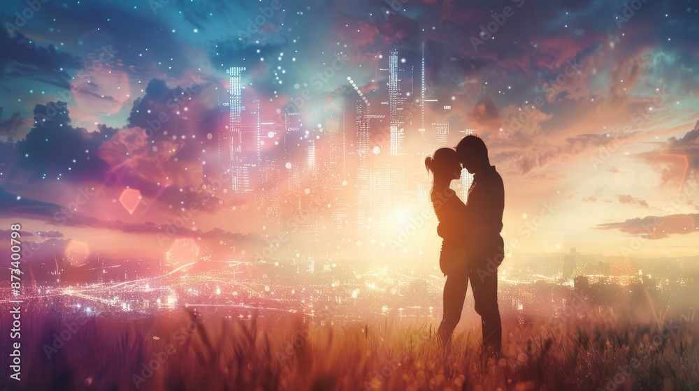 Romantic couple embracing at sunset with futuristic city skyline and glowing lights Romantic couple embracing at sunset with futuristic city skyline and glowing lights
