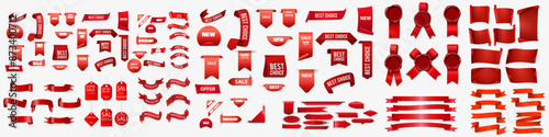 Giveaway tags or labels for social media post. Red announcement 3d banners giveaway contest ribbons.