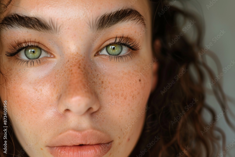 Fototapeta premium Close-up portrait of a young woman with curly hair and freckles before a makeup show