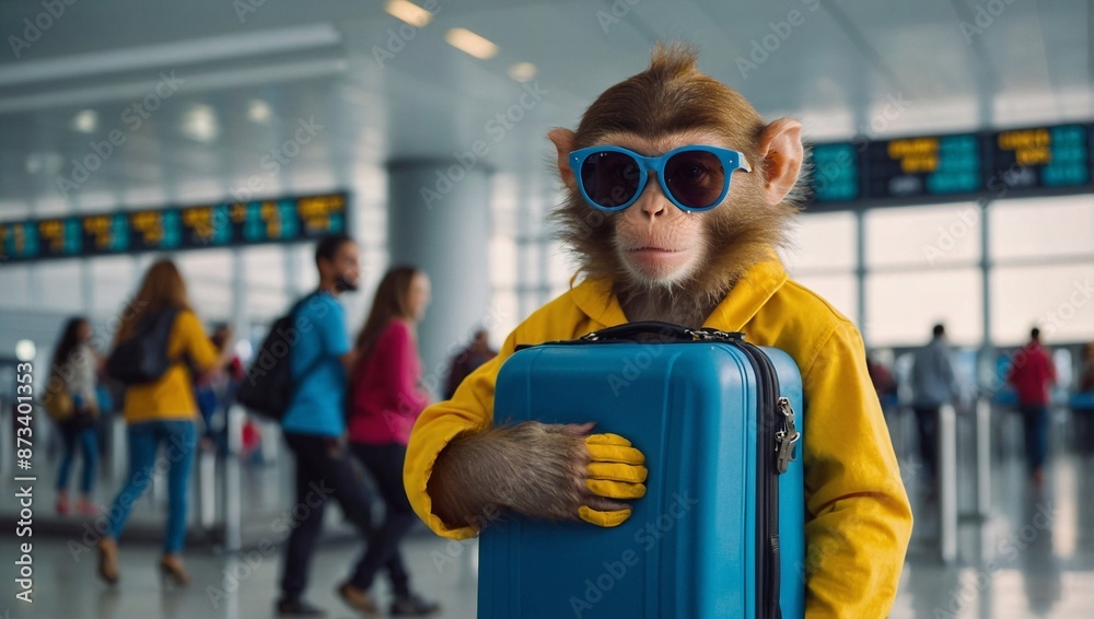 A cheerful monkey in a straw hat and sunglasses with a suitcase near an airplane. Concept: air travel, low cost, beach holiday, tropical travel, lost luggage. AI A cheerful monkey in a straw hat and sunglasses with a suitcase near an airplane. Concept: air travel, low cost, beach holiday, tropical travel, lost luggage. AI