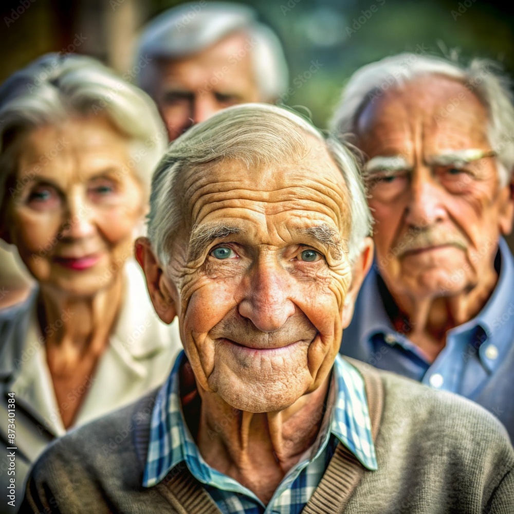 Three elderly people, two men and a woman, smiling for the camera Three elderly people, two men and a woman, smiling for the camera