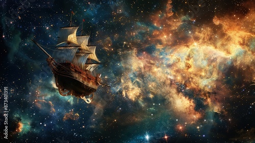 A fairytale ship floating through a sea of stars and nebulae, navigating the cosmos towards an unknown, enchanted destination.