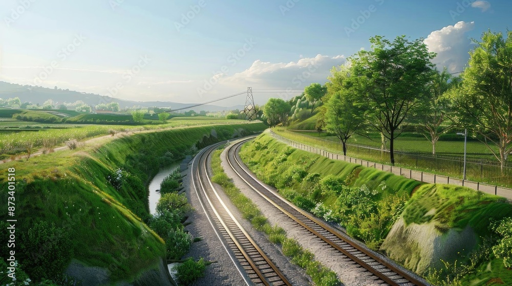 Photorealistic view of a major railway line running through a scenic countryside, featuring advanced track design and infrastructure construction