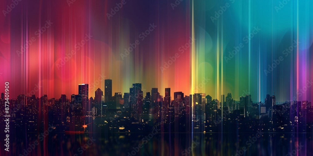 Obraz premium Abstract background with city skyline silhouette and abstract rainbow lines on a dark backdrop.