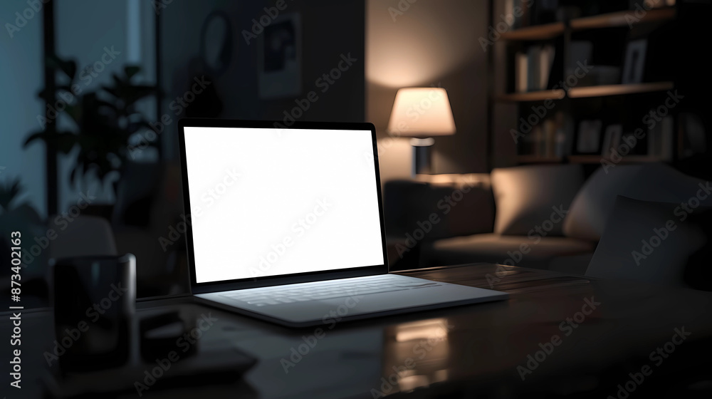 Mockup of a white laptop screen for presentation of website design, etc. There is an open laptop on a desk in a dark room Mockup of a white laptop screen for presentation of website design, etc. There is an open laptop on a desk in a dark room