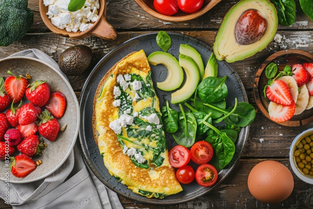 A healthy breakfast spread featuring a spinach and feta omelette, avocado toast, and fresh fruit A healthy breakfast spread featuring a spinach and feta omelette, avocado toast, and fresh fruit